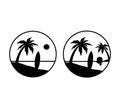 Palm trees vector icons. Sunset Sea and surfboard. Round Silhouette isolated on white