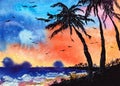 Palm Trees Watercolor Illustration Original Art Tropical Beach Artistic Painting at the paper. Sunset in Orange Black Royalty Free Stock Photo