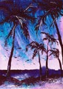 Palm Trees Watercolor Illustration Original Art Tropical Beach Artistic Painting at the paper. Sunset in Violet Black Royalty Free Stock Photo