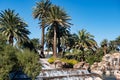 Palm trees, Waterfall and pond, Exotic island under a cloudless blue sky Royalty Free Stock Photo