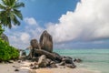 Palm trees, white sand and turquoise sea at Fairyland Beach, Seychelles Africa.