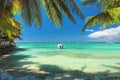 Palm trees on tropical beach and boat in caribbean sea, La Romana, Punta Cana, Saona island, Bayahibe, Dominican Republic Royalty Free Stock Photo