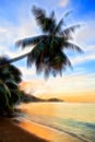 Palm on a tropical beach at sunset. Afterglow fantasy effect.