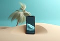 palm up creative mock holiday cyber summer sand concept sea phone. Generative AI.