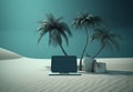 palm vacation tree laptop concept tropical computer summer travel beach. Generative AI.