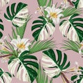 Palm and white monstera leaves, white lilies flowers seamless pattern, tropical foliage, branch, greenery.