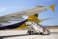 PALMA AIRPORT, MALLORCA - 1 AUGUST 2015. Airplane Stairs at rear of Monarch Airbus A320 Royalty Free Stock Photo