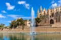 Palma Cathedral and fountain under blue sky. Royalty Free Stock Photo