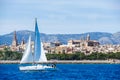 Palma de Mallorca, Spain. View from the sea with boath on a hot