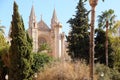 Palma Mallorca cathedral Santa Maria La Seu front view rose window palm trees Royalty Free Stock Photo