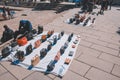 Palma, Mallorca / Spain - March 26 2018: Men selling fake handbags at Parc de la mar  located in the capital Palma de Mallorca, Royalty Free Stock Photo