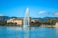 Palma, Mallorca / Spain - March 26 2018: Parc de la mar with its blue pool and fountain located in the capital Palma de Mallorca,