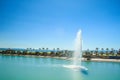 Palma, Mallorca / Spain - March 26 2018: Parc de la mar with its blue pool and fountain located in the capital Palma de Mallorca,