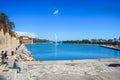 Palma, Mallorca / Spain - March 26 2018: Parc de la mar with its blue pool and fountain located in the capital Palma de Mallorca,