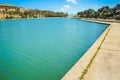 Palma, Mallorca / Spain - March 26 2018: Parc de la mar with its blue pool located in the capital Palma de Mallorca, both the city