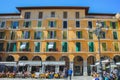 Palma, Mallorca / Spain - March 26 2018: Placa Major in the capital Palma de Mallorca. Tourists sitting in restaurants and walking