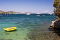 Palma Nova, Mallorca, July 2019. Yellow inflatable boat for water entertainment tourists. Beautiful views of the sea, sky and