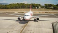 Palma, Spain - September 25, 2019: Lauda Airbus aircraft waits at Mallorca airport ready for departure. Laudamotion was Austrian