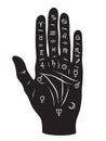 Palmistry or chiromancy hand with signs of the planets and zodiac signs black and white hand drawn design isolated vector illustra