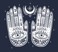 Palmistry of the hand, black and white drawing in a circle on a black background