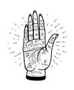 Palmistry Mystic Hand. Vector graphic hand illustration with mystic and occult symbols