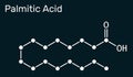 Palmitic acid or hexadecanoic, C16H32O2 molecule. It is saturated fatty acid. Skeletal chemical formula on the dark blue