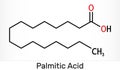 Palmitic acid or hexadecanoic, C16H32O2 molecule. It is saturated fatty acid. Skeletal chemical formula