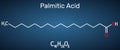 Palmitic acid or hexadecanoic, C16H32O2 molecule. It is saturated fatty acid. Structural chemical formula on the dark blue