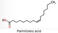 Palmitoleic acid, palmitoleate molecule. It is an omega-7 monounsaturated fatty acid. Skeletal chemical formula