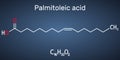 Palmitoleic acid, palmitoleate molecule. It is an omega-7 monounsaturated fatty acid. Structural chemical formula on the dark blue