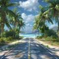 A palmlined road under a cloudy sky, leading to the ocean Royalty Free Stock Photo