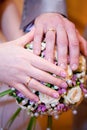 The palms of the bride and groom. wedding rings. Royalty Free Stock Photo