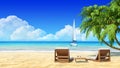 Palms, chaise longue on tropical beach. Travel, holidays, resort