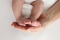 The palms of the father, the mother are holding the foot of the newborn baby. Royalty Free Stock Photo
