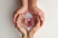 The palms of the father, the mother are holding the foot of the newborn baby on white background. Royalty Free Stock Photo