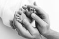 The palms of the father, the mother are holding the foot of the newborn baby on white background. Royalty Free Stock Photo