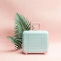 Palms leaves and a suitcase packed for a tropical summer vacation. Minimalistic concept of vacation. Generative AI