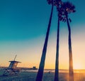 Palms and lifeguard tower in Newport Beach Royalty Free Stock Photo