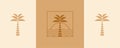 Palms, sea and sunrise vector set. Elegant palm and beach logo design line icon