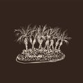 Tropical palm trees isolated on dark background. Illustration of coconut palms group. Hand drawn vector sketch. Brown and beige