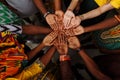 Palms up hands of happy group of multinational African, latin american and european people which stay together in circle Royalty Free Stock Photo
