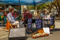 PALO ALTO, USA - JULY 29, 2018, older street musicians play at the farmers market every weekend in Palo Alto California
