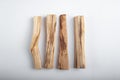 Palo Santo bars close-up and copy space. Ritual cleansing with sacred ibiocai, meditation, aromatherapy with incense and