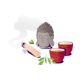 Palo santo, incense stick burning with flow of smoke. Tea leaves, Buddha head, herbal drink in cup. Spirituality Royalty Free Stock Photo