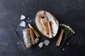 Palo Santo stick burning with aroma smoke, white sage, crystals for meditation esoteric ceremony. Mindfulness and slow living