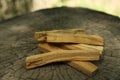 Palo santo sticks on wooden stump outdoors, closeup Royalty Free Stock Photo