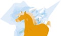 A palomino horse on a blue and white abstract background. Digital painting.