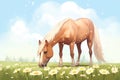 palomino horse peacefully eating in a field with daisies Royalty Free Stock Photo