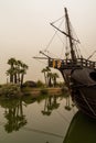 View of the foredeck of the historic Nina sailing ship with traditional rope rigging and wooden mast