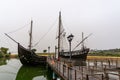 View of the historic Pinta sailing ship with traditional rope rigging and wooden mast